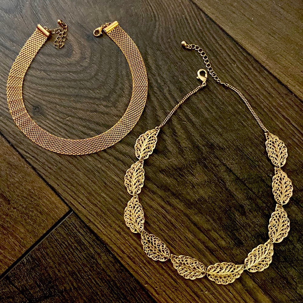Gold Mesh Choker & Filigree Leaf Chain Necklace